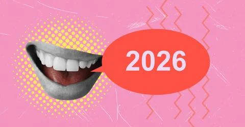 Art collage, Creative design featuring a smiling mouth and bold speech bubb.. 스톡 사진