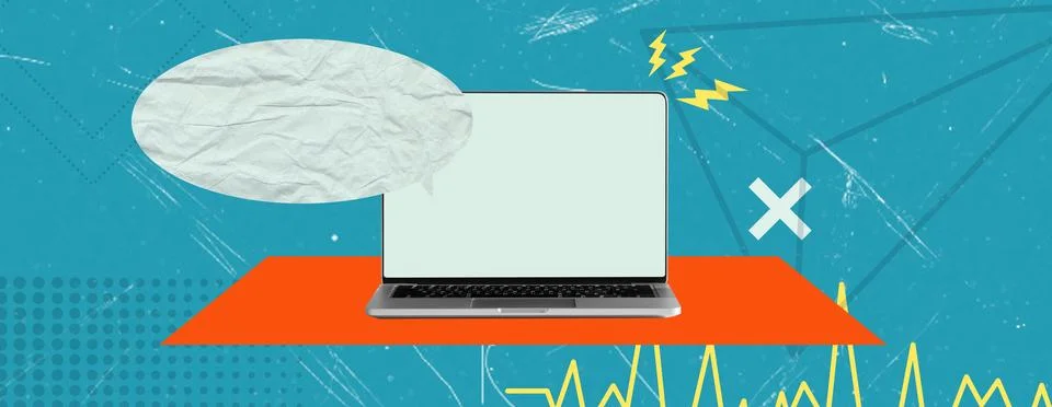 Art collage, Creative digital workspace with a laptop and abstract design e.. Stock Photos