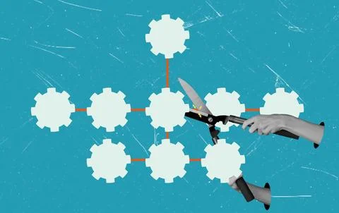 Art collage, Creative hands using scissors to cut through gears in a graphi.. Stock Photos