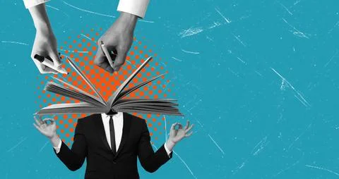 Art collage, Creative representation of knowledge and mindfulness with a bo.. Foto stock