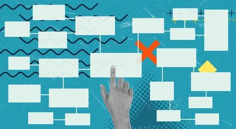 Art collage, Engaging hand navigating an abstract flowchart on a vibrant bl.. Stock Photos