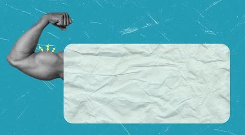 This art collage features a flexed arm with movement lines on a blue backgrou Stock Photos