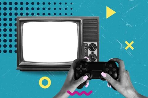 This art collage features a gaming controller held by hands in front of an ol Stock Photos