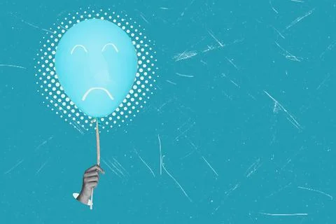 This art collage features a hand holding a sad balloon against a blue backgro Stock Photos