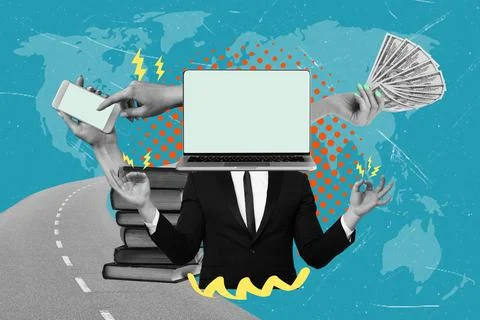 Art collage features hands holding money and a laptop. Books are stacked on a Stockfoto's