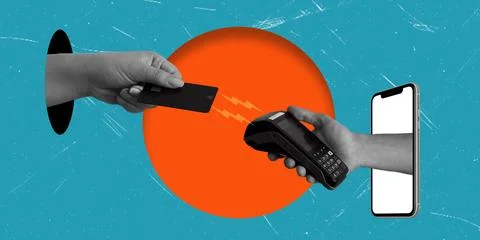 This art collage features hands making a contactless payment. One hand holds  Stock Photos