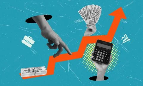 This art collage features hands pointing at money and a calculator. It shows  Stock Photos
