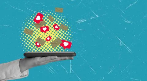 An art collage featuring a hand holding a phone and hearts with letters on .. Stock Photos
