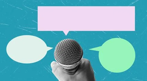 Art collage featuring a microphone with speech bubbles in a bright color ba.. Stock Photos