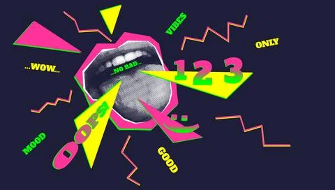 Art collage grunge banner. Cutting out halftone lips, tongue Stock-Illustration