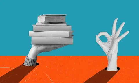 Art collage, hand holding a stack of books, other hand showing a sign that al Stock Photos