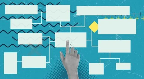 Art collage, A hand is interacting with a flowchart on a blue background, sho Stock Photos