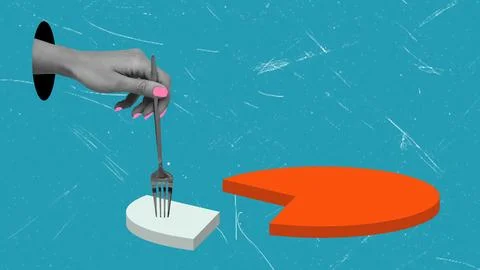 Art collage, Hand using a fork to slice a pie chart with a bright backgroun.. Stock Photos