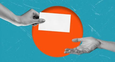 Art collage, Hands exchanging a blank card over a vibrant orange circle on .. Stock-Fotos
