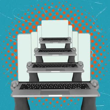 Art collage, Hands holding multiple laptops in a repetitive pattern on a br.. Stock Photos
