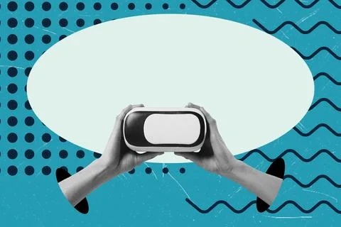 Art collage, Hands holding virtual reality headset against a vibrant blue b.. Stock Illustration