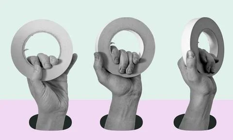 Art collage of hands with scotch tape on a surreal background. Stock-Fotos