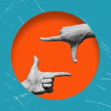 Art Collage, Hands Shaped Like a Camera on an Orange Background. Stock Photos