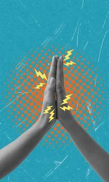 Art collage, Hands touching with lightning graphics on turquoise background.. Stock Photos