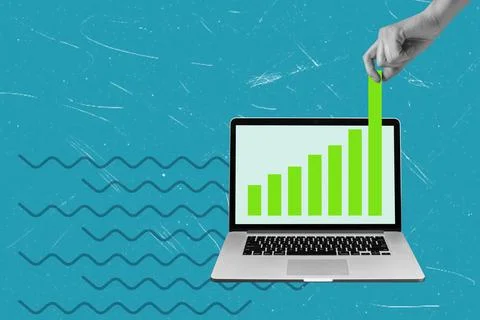 Art collage, Increase in data chart visualized on laptop screen with hand a.. Stock Photos