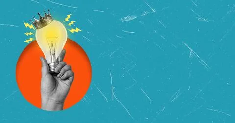Art collage, Light bulb held in hand with a crown and space for adding text Fotos Stock