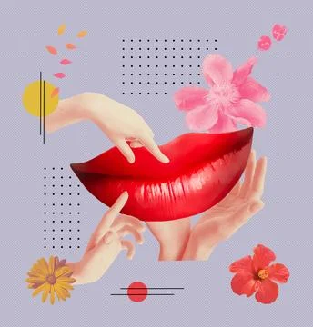 Art collage. Lip augmentation. Concept of beauty treatment, plastic surgery.. Stock Illustration