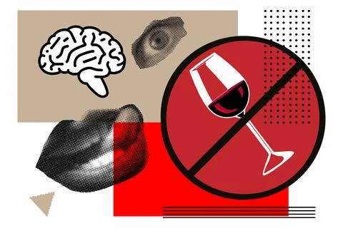 Art collage with lips, abstract elements. Concept alcohol partiality Illustrazione stock
