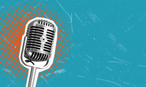 Art collage, microphone on blue background with space for text or advertiseme Stock Photos