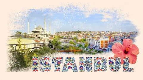 Art collage or design about Istanbul at Turkey - travel and nature background Ilustração Stock