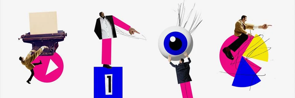 Art collage of process of verification documents by boss. Hierarchy in team Stockfoto's