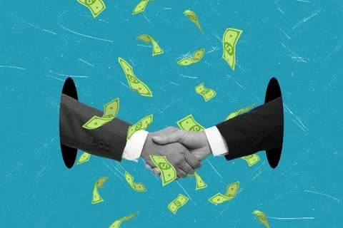 Art collage showing two hands shaking with money falling around them on a b.. Foto stock