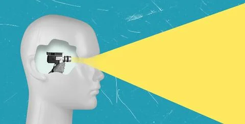 This art collage shows a model head with a camera inside. Light projects from Stock Photos