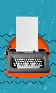 Art collage of a typewriter on blue background with waves, featuring a blan.. Stock Photos