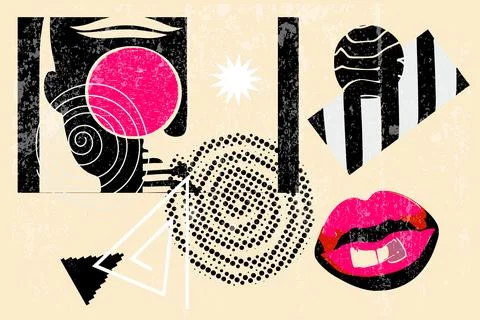 Art collage of universal graphic elements, geometric shapes, woman lips. Bright Illustrazione stock
