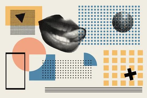 Art collage of universal graphic elements, geometric shapes, woman lips. Bright Illustrazione stock