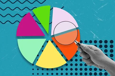 Art collage, Visual representation of data analysis with colorful pie chart.. Stock Photos