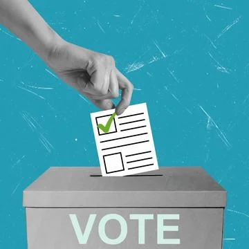 Art collage, Voting in progress with a hand placing a ballot into a box on .. Stock-Fotos