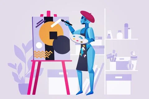 Art content generation using AI, robot artist painting creative picture on easel Stock Illustration