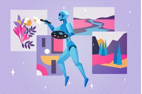 Art content generator, creativity of robot with brush and palette flying to draw Stock Illustration