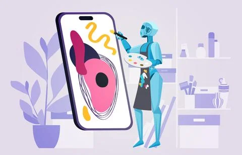 Art content generator mobile app for phone, robot painting creative picture on Illustrazione stock