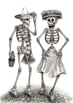 Art Couple Skulls Dancing Day of the dead. Stock Illustration