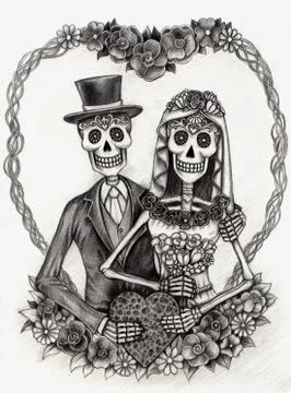Art Couple Wedding Skull Day of the dead. Stock Illustration