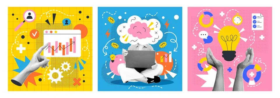 Art creative design. Business work. Startup idea concept. Modern collage on mind Stock Illustration
