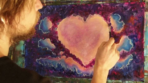 Art creative process. Artist create heart. painting on canvas Stock Footage 87494203