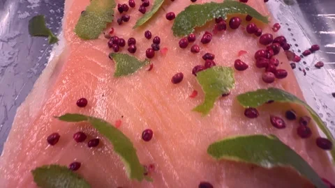 The Art of Curing Salmon: Dry Marinade with Sugar, Salt, Lime, and Pink Pepper Stock Footage 306967705