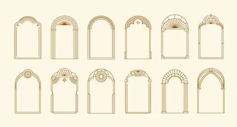 Art deco arch frames, gold line pattern borders Stock Illustration