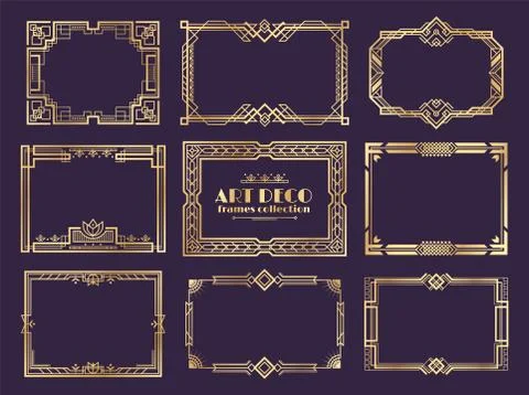 Art deco borders. 1920s golden frames, nouveau fancy decorative elements for Stock Illustration