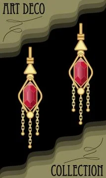 Art deco earrings with ruby gems isolated on black background, Stock Illustration