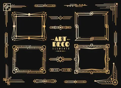 Art deco elements. Gold wedding deco frame border, classic dividers and corners Stock Illustration