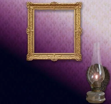 Art deco empty frame on green damask and oil lamp Stock Photos